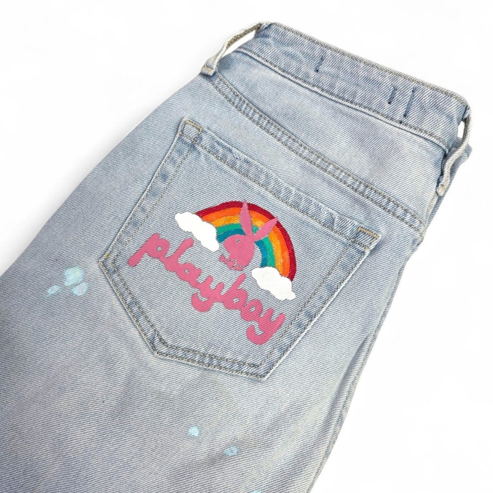 Hollister Curvy Ultra‎ High Rise Mom Light Blue Jeans W26 L27 Playboy Rainbow